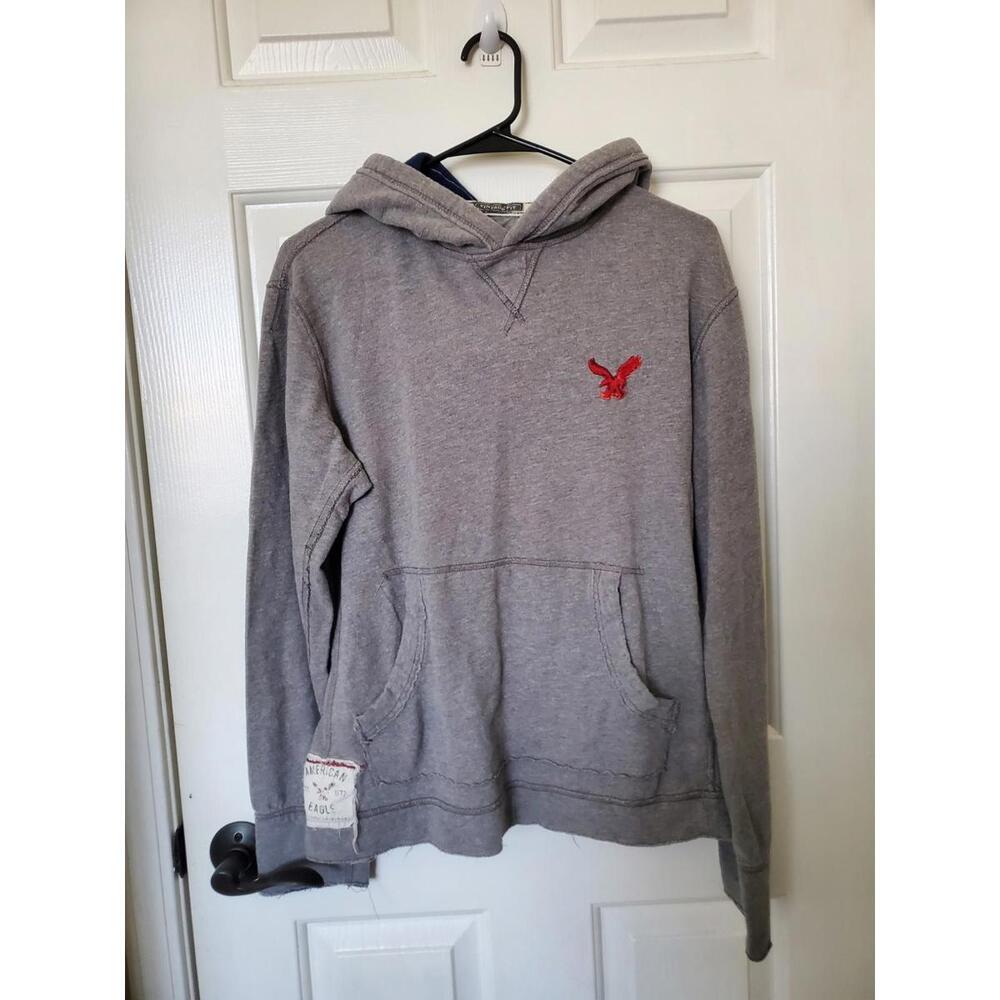 Y2K American Eagle Mens Distressed Hoodie Gray Sz Small Preppy 2000s Y2k Logo